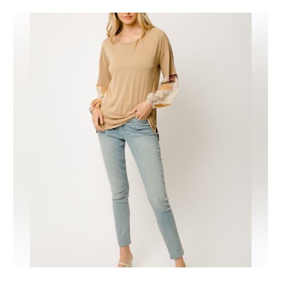 NWT, Women’s Tan Tropical Balloon Sleeve Top Sz Lrg Super Soft “Pretty” K252 - Picture 2 of 4